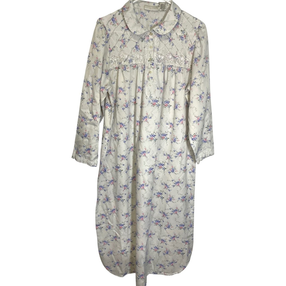 Kim Rogers M White Floral Nightgown Quilted Lace Trim Cottagecore GrandmaCore